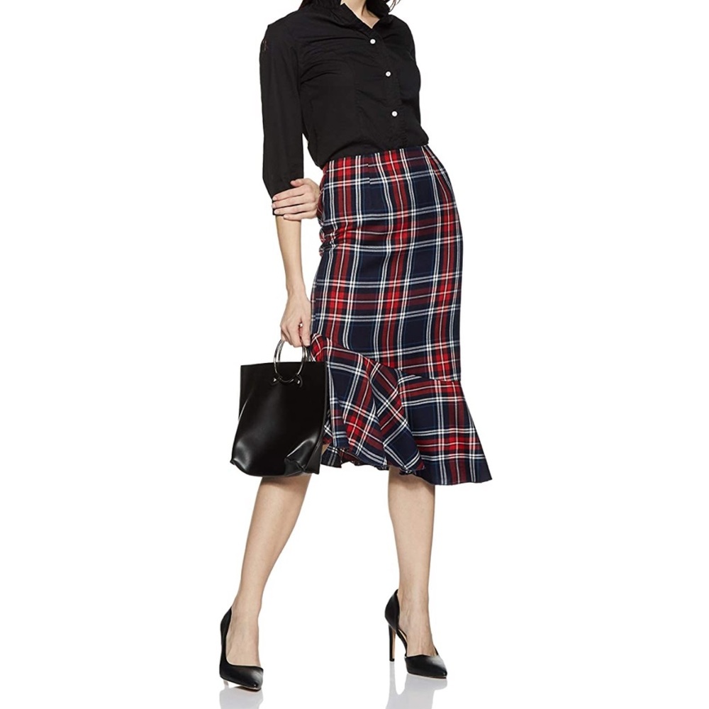 Checks ruffled asymmetric midi skirt